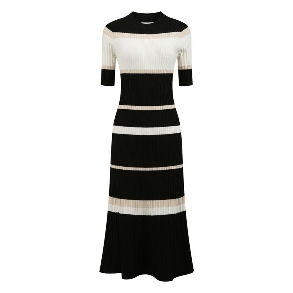 Short Sleeve Midi Knitted Ribbed Striped Dress Black White
